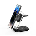 Transparent folding magnetic three-in-one wireless charger showing black and white colour options