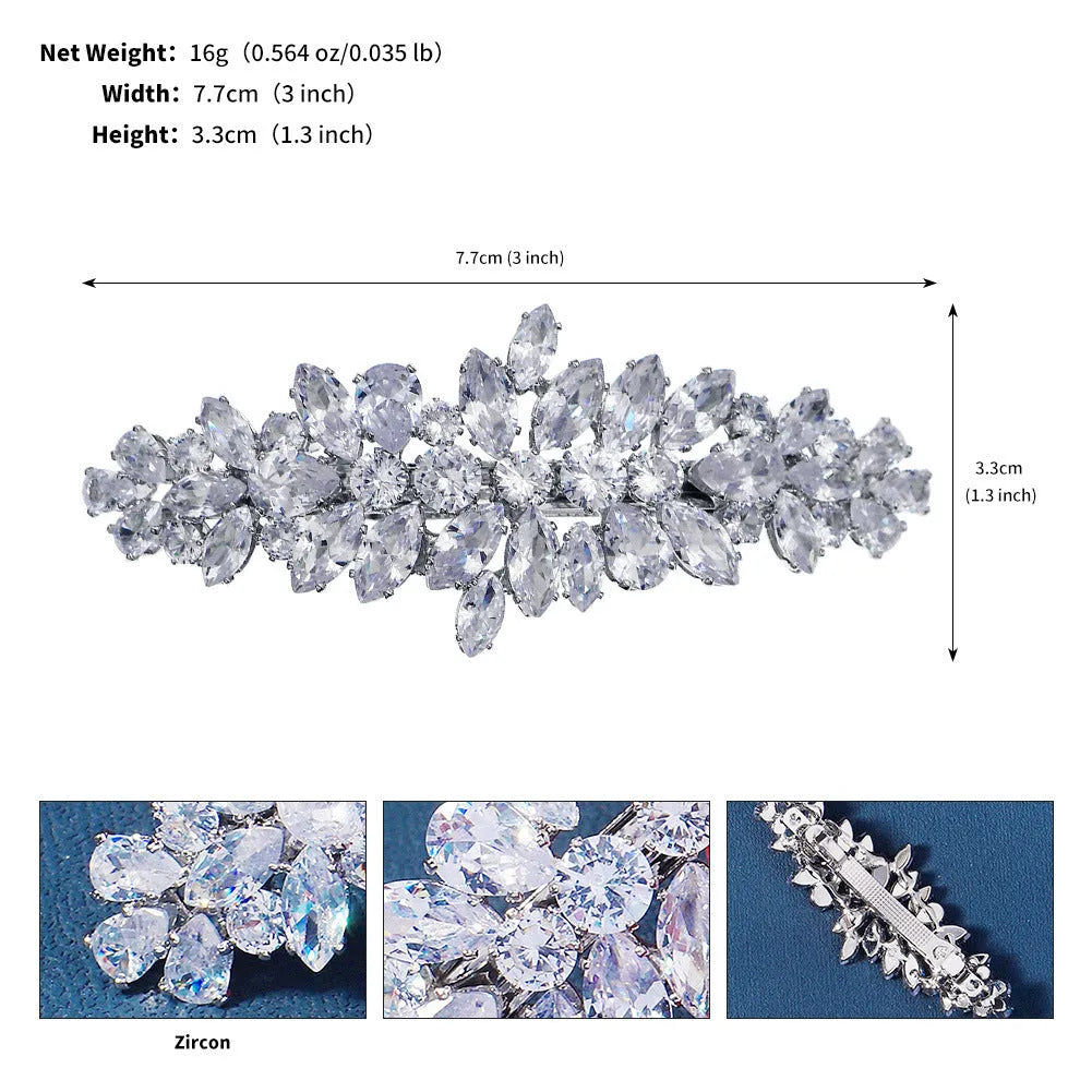 Women's inlaid zircon spring clip barrette with leaf pattern, electroplated finish, side view