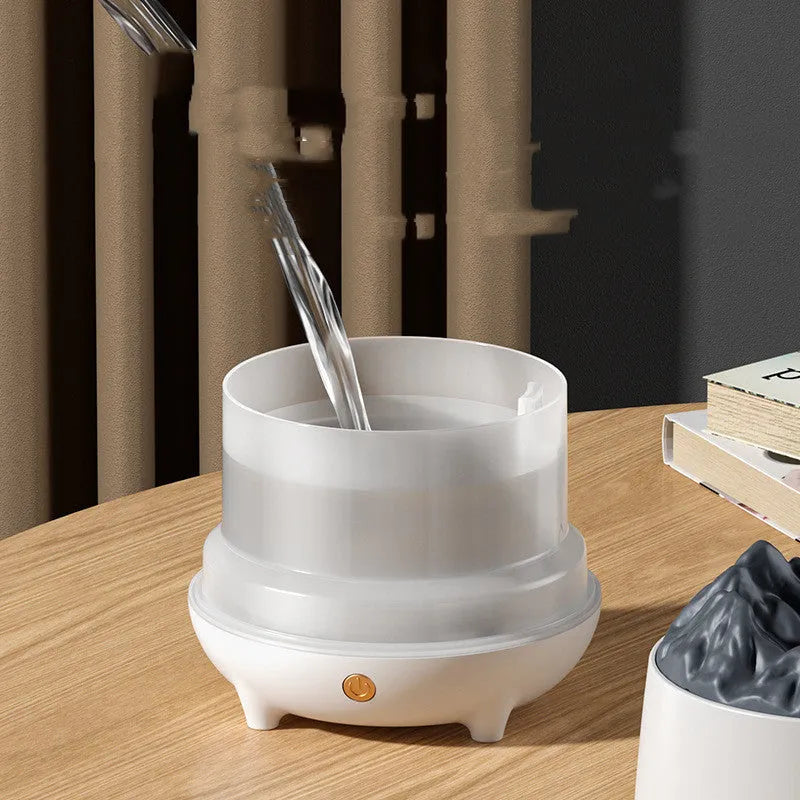 Volcano-shaped ultrasonic humidifier in black or white with USB cable for room aromatherapy