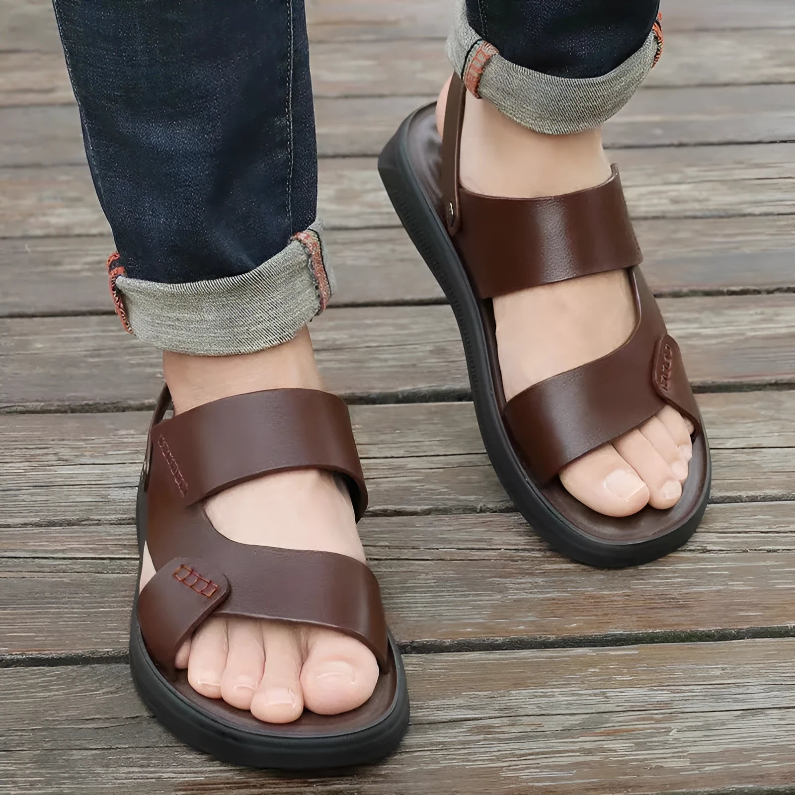 Men's brown casual waterproof plastic beach sandals on a sandy surface