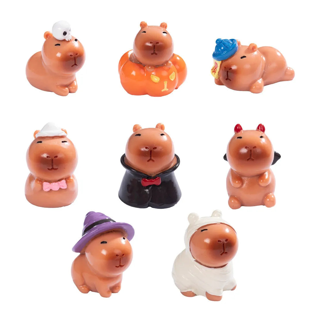 Eight cute Halloween capybara resin figurines including pumpkin, zombie, ghost, mummy, vampire, witch hat, little devil, skull