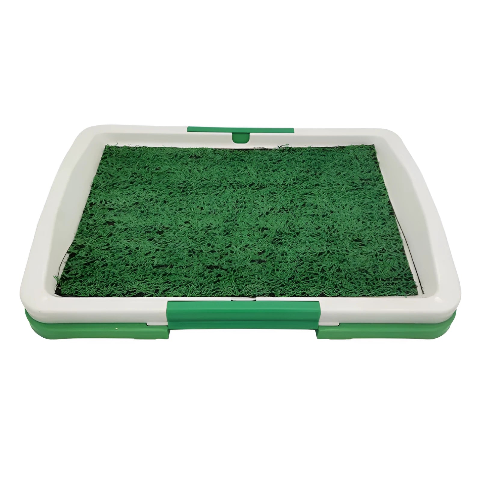 Green artificial grass indoor dog potty training tray with removable base, dimensions 50cm by 60cm.