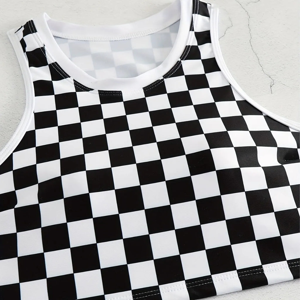 Racing one-piece swimsuit with suspender and backless in chessboard plaid pattern for women