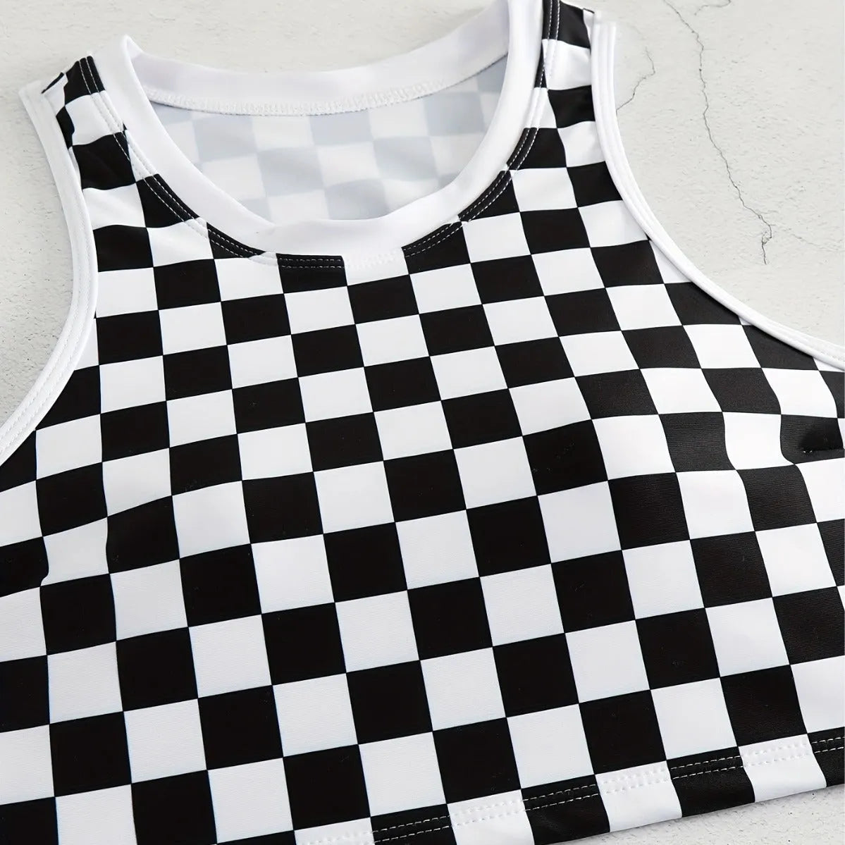 Racing one-piece swimsuit with suspender and backless in chessboard plaid pattern for women