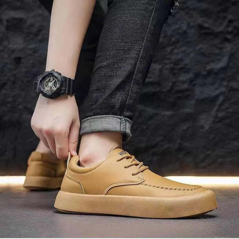 Men's casual lace-up shoes in brown artificial PU leather with flat heel and round toe
