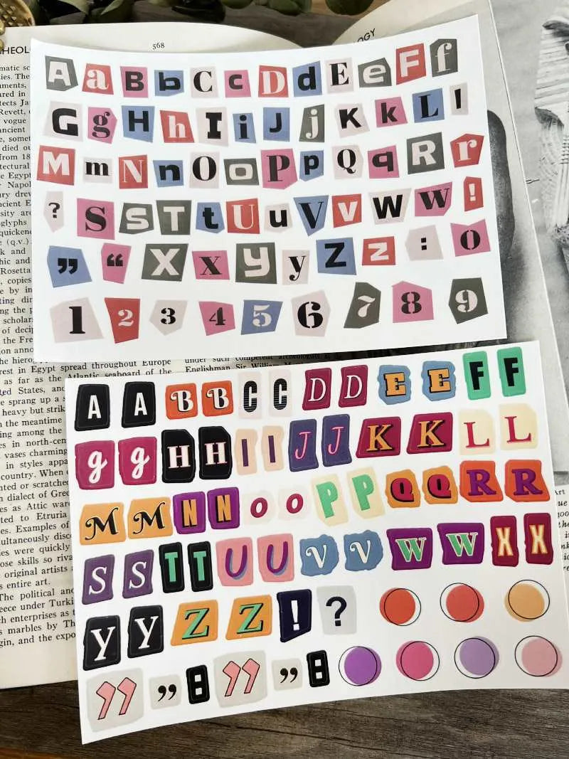 Set of cute style English letter A B C D E and weekly word decoration stickers.