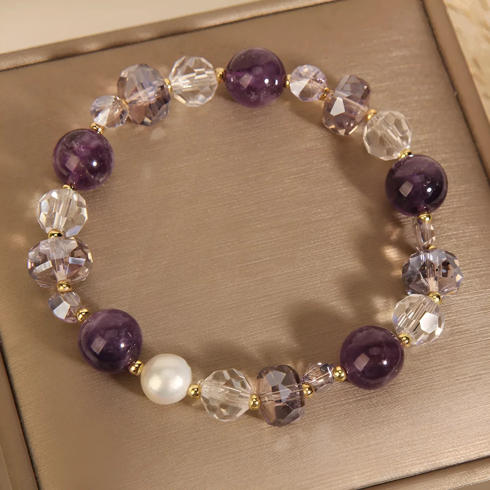 Artificial amethyst crystal bracelet for women with electroplated finish, U-shape design, four-leaf clover motif, and pearl elements