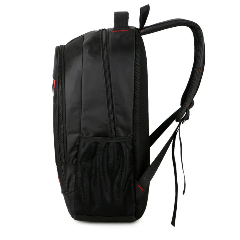Black Oxford cloth laptop backpack with anti-theft design, 15 inch size, 31cm by 47cm by 16cm