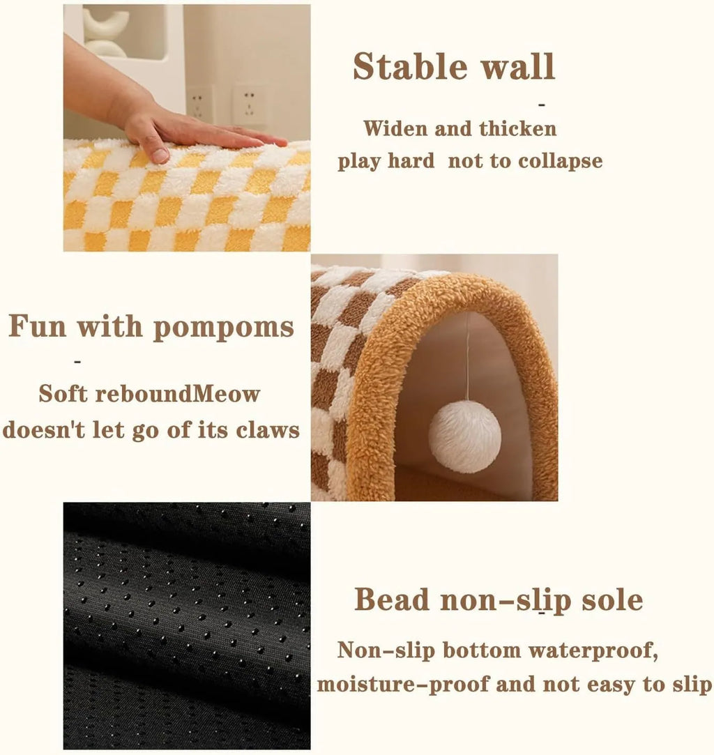 XL brown plaid plush cat tunnel bed with central mat and non-slip bottom on a wooden floor.