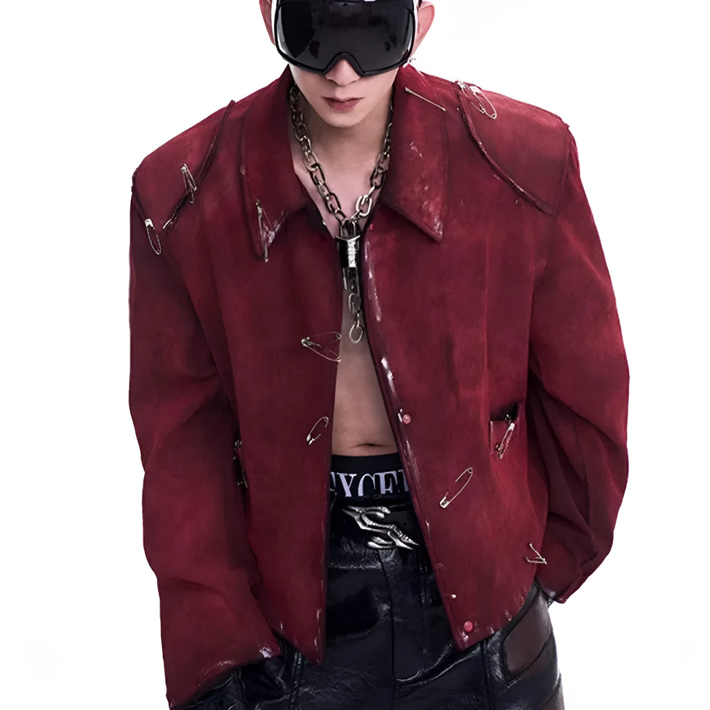 Men's thick quilted flocking decorative pin jacket coat in red with lapel collar loose fit