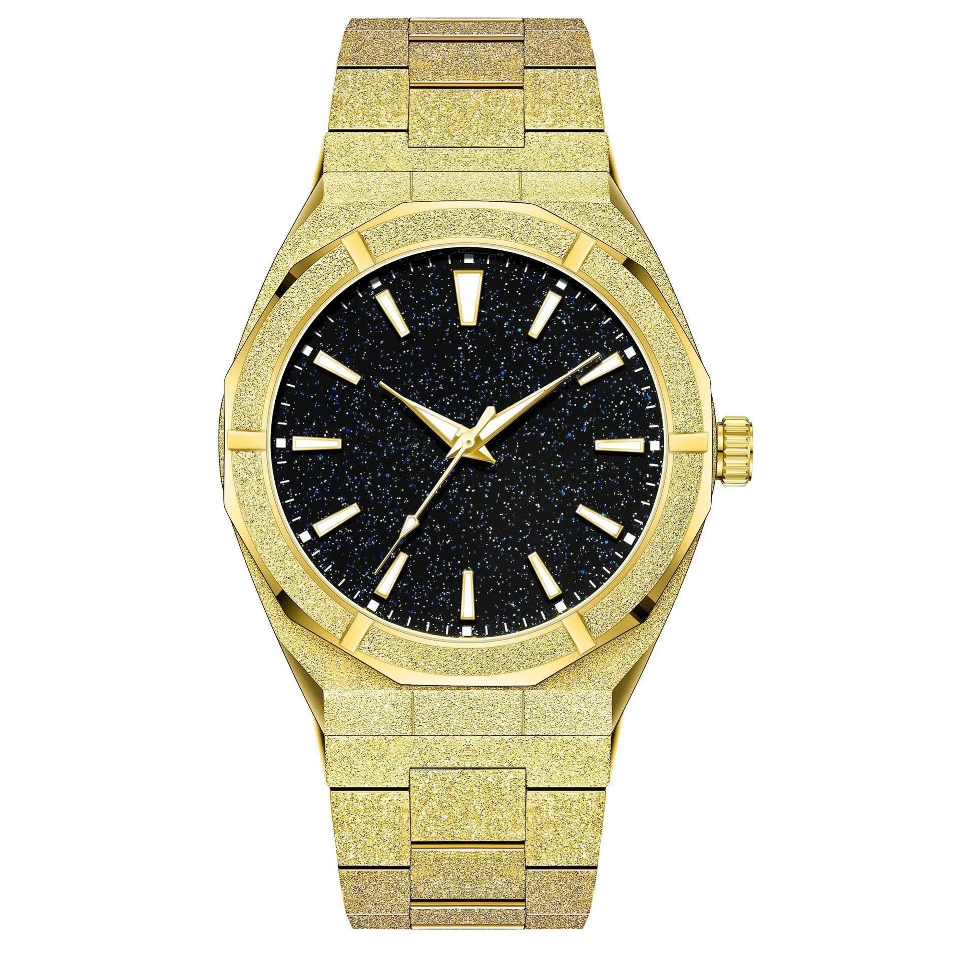 Business men's watch with frosted stainless steel case and luminous markers in silver, gold, or black colour options