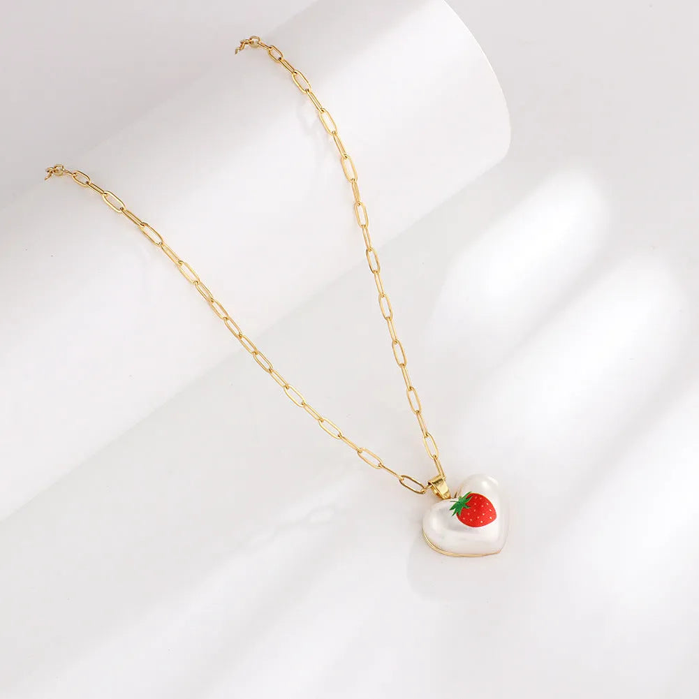 Fruit pendant heart necklace with strawberry apple pear pineapple cherry designs and adjustable chain