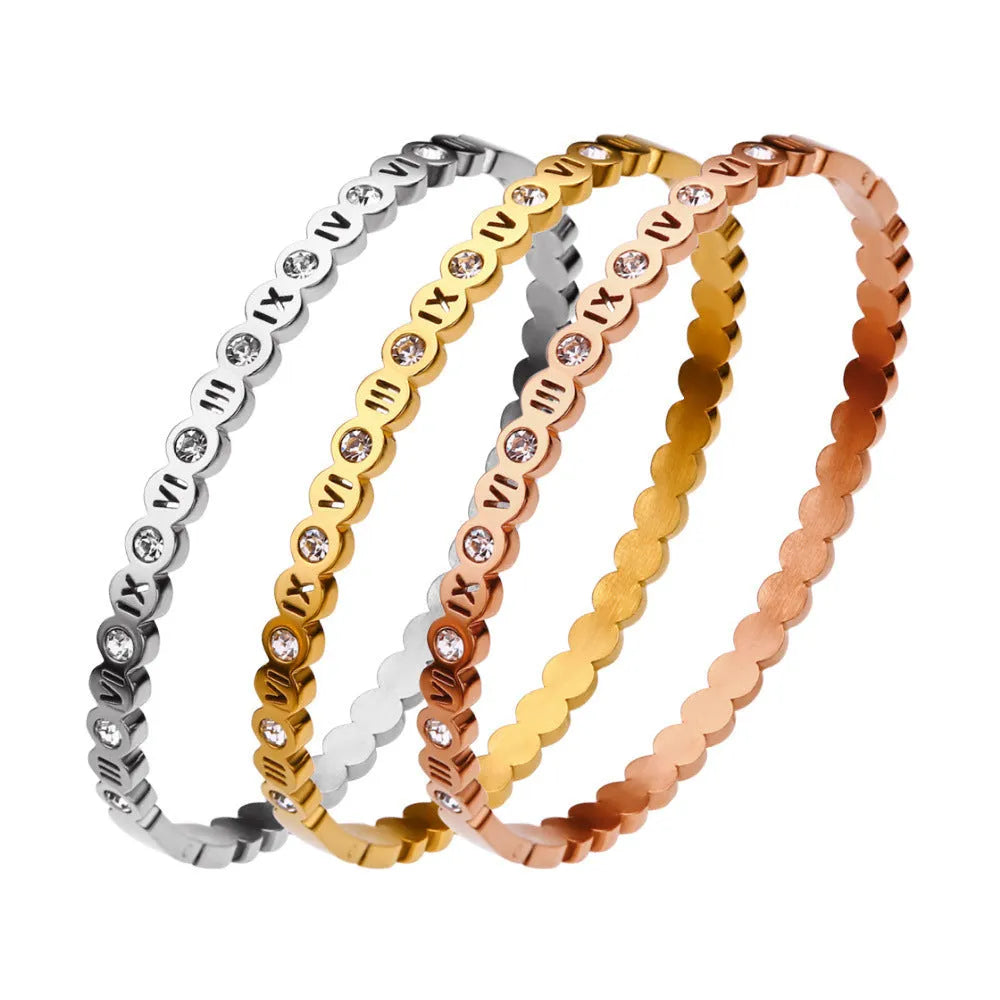 Titanium steel Korean style bracelet with number elements in gold, rose gold, or steel colour