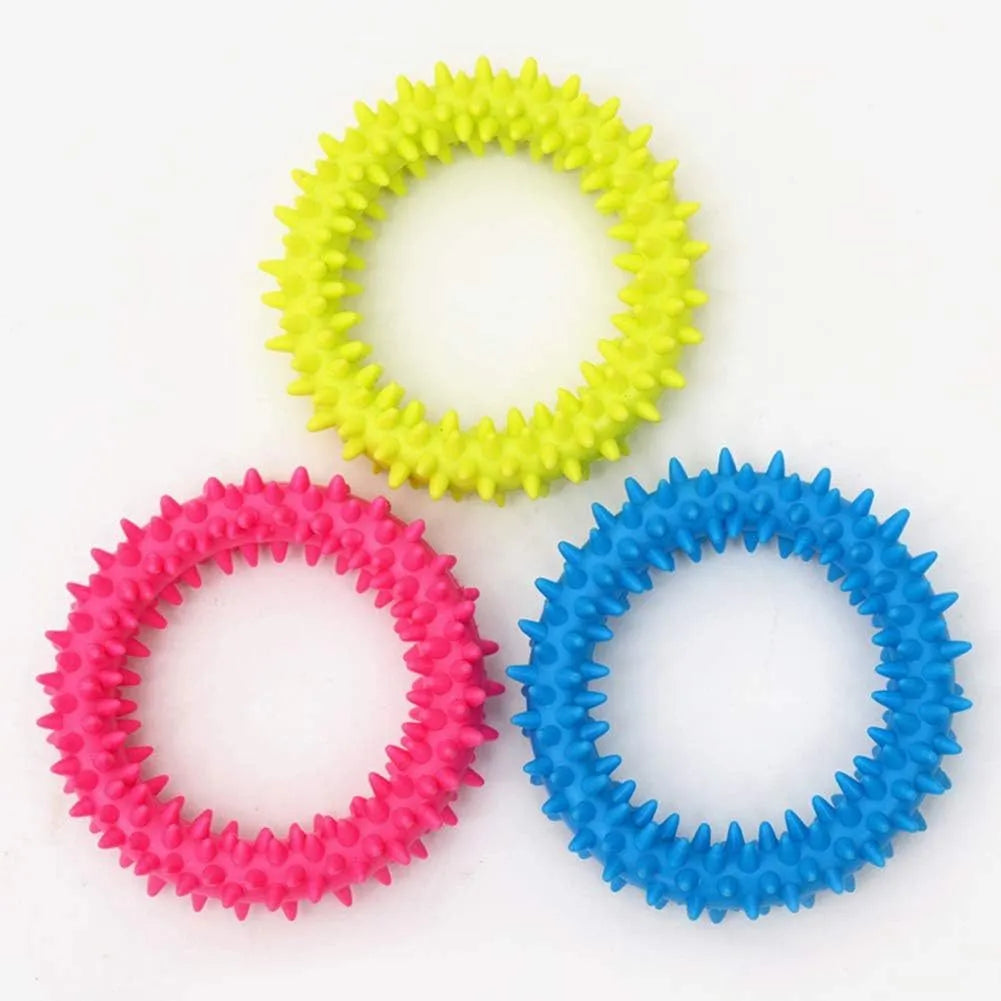Spiky TPR circle ring dog chew toy in blue for teeth cleaning and bite training