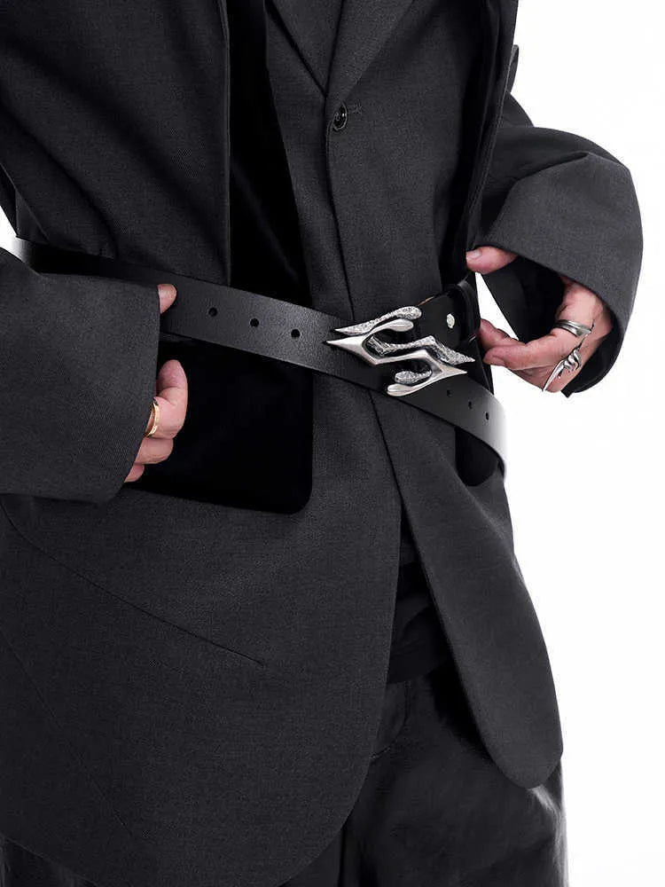 Black men's leather belt with metal buckle, made from two-layer cowhide, showing 110cm length
