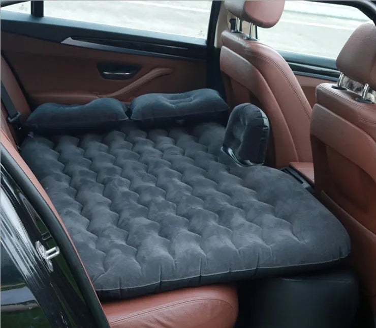 Car inflatable bed with ultra-thickened flocking cloth in black wave colour, includes pillows and storage bag
