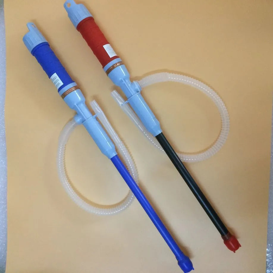 Blue manual siphon hand pump with a long hose for transferring fuel and liquids.
