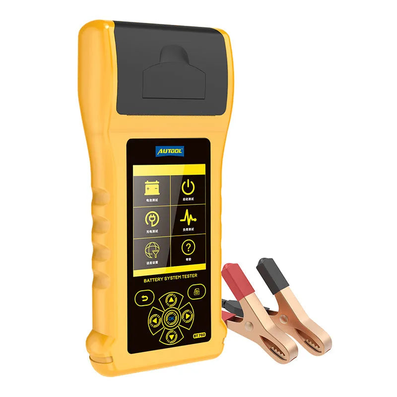 Autool BT760 vehicle battery tester with colour screen and connection clips on workshop bench
