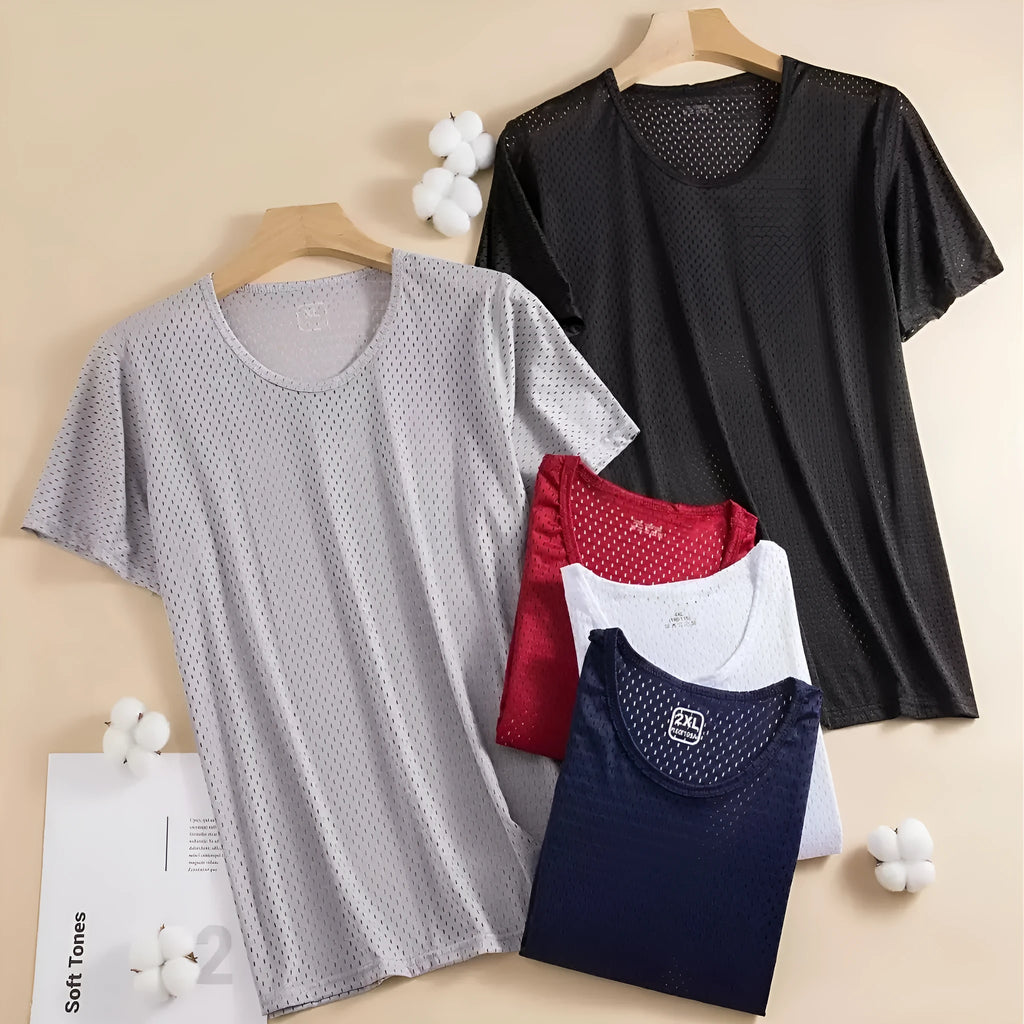 Man wearing a loose-fit black Ice Silk short sleeve t-shirt with crew neck for summer.