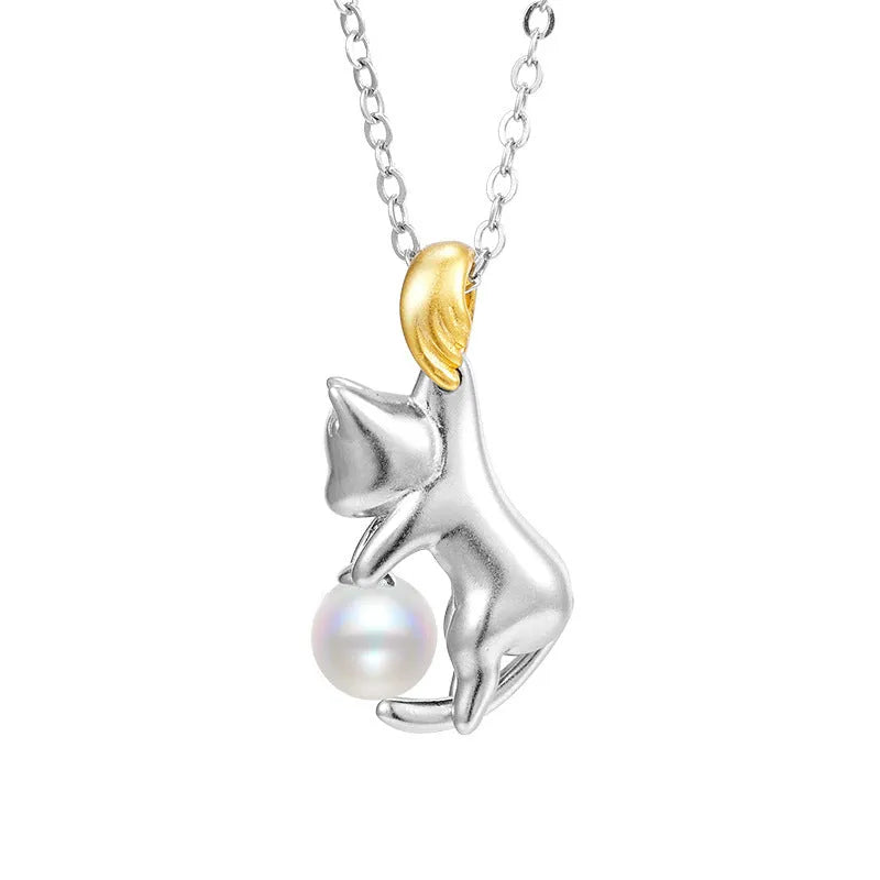 925 sterling silver clavicle chain necklace with cat pendant and electroplated finish