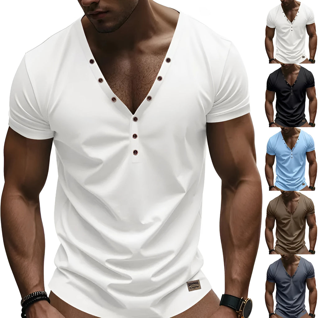 Man wearing a loose grey V-neck T-shirt with button detail on the front.