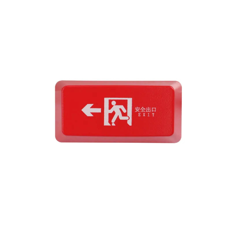 Red safety evacuation exit backspace key cap on a USB keyboard with transparent plastic construction