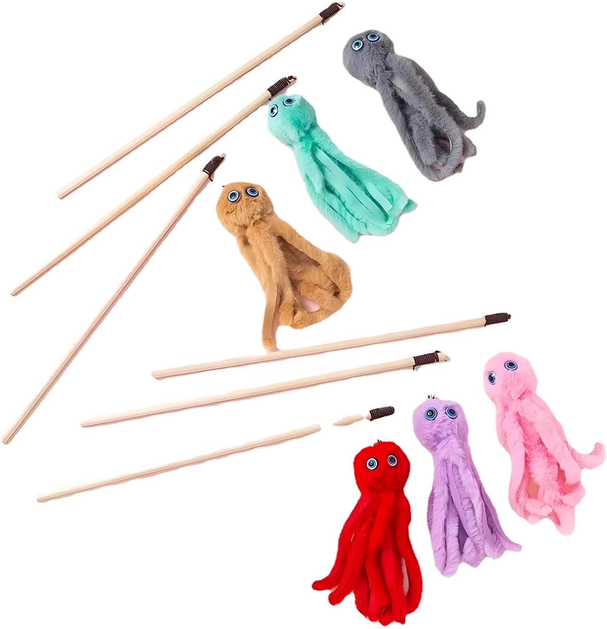Furry octopus cat toy on long stick in bright colours for indoor kittens