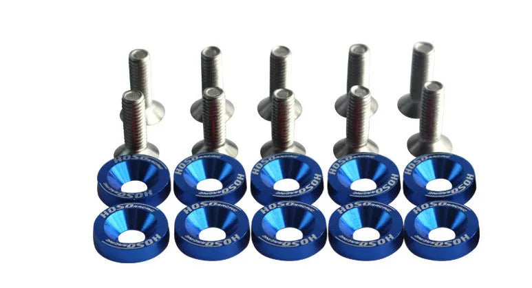 Ten car modification gasket screws in assorted colours on a dark background