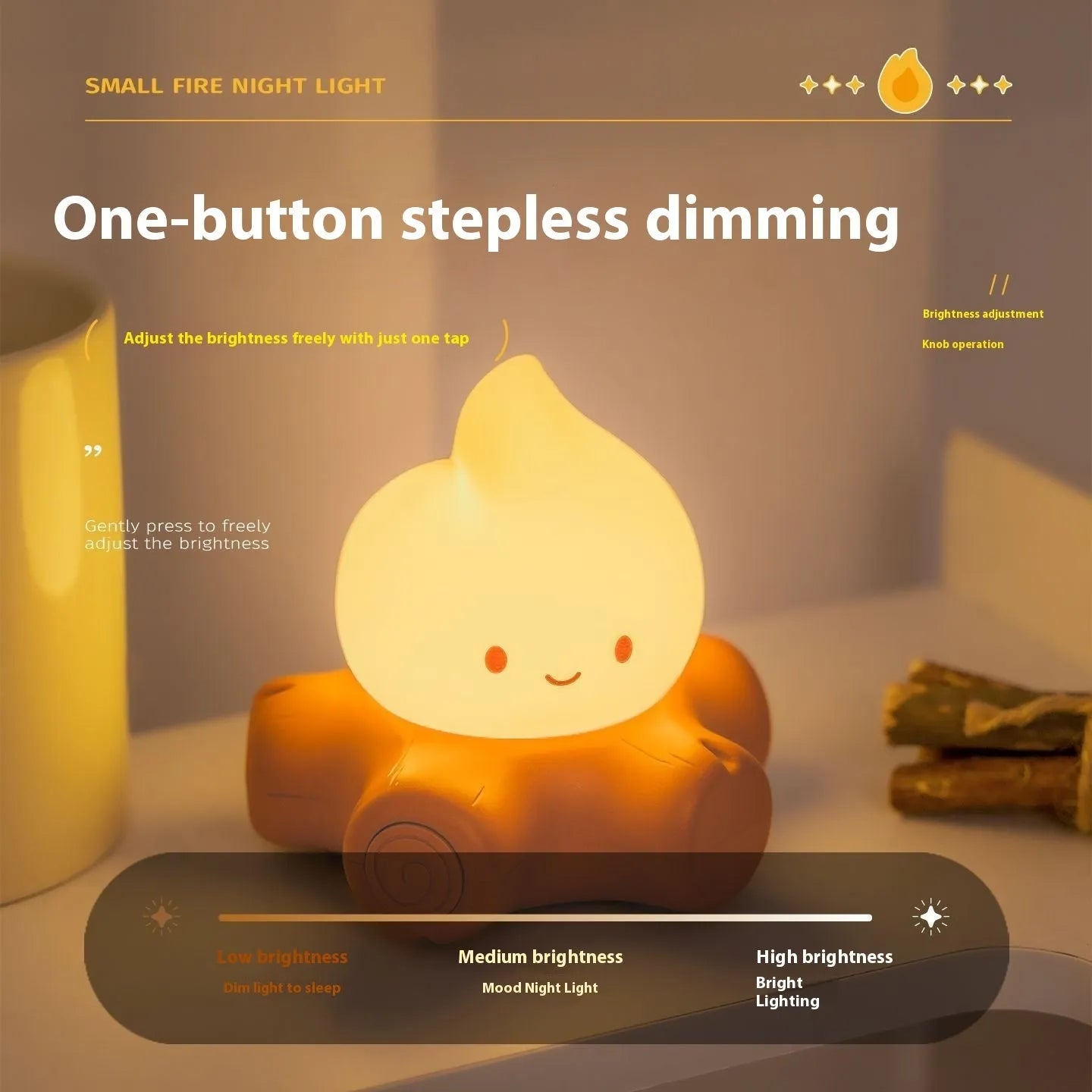 Silicone small fire pile cartoon night lamp with ABS shade in yellow light
