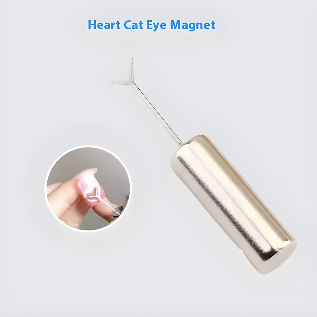 Manicure magnet suction love cat eye series tool with cylindrical 9x30mm metal magnet and Y-shaped bracket on white background
