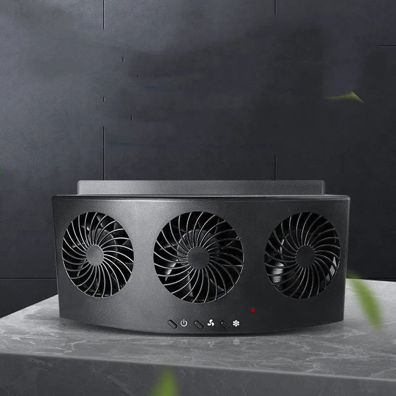 Black and white USB-powered car ventilation fan for exhaust odour and heat dissipation