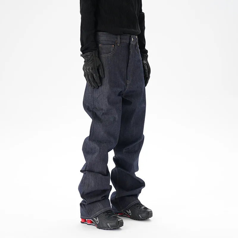 Casual loose straight original jeans in dark blue denim fabric, front view, showing loose straight leg cut.
