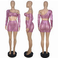 Women's black hollow-out net two-piece dress set featuring a sleeveless top and short skirt on a hanger.