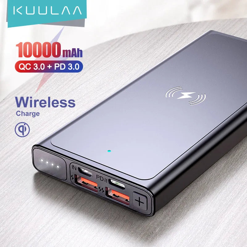 Black and blue alloy fast charging wireless power bank 10000mAh with plug