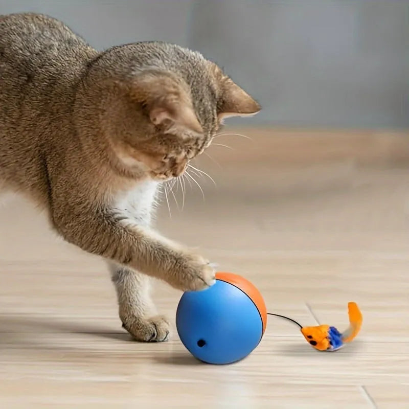 Blue and orange plush cat toy ball with grey mouse attachment measuring 8.5cm