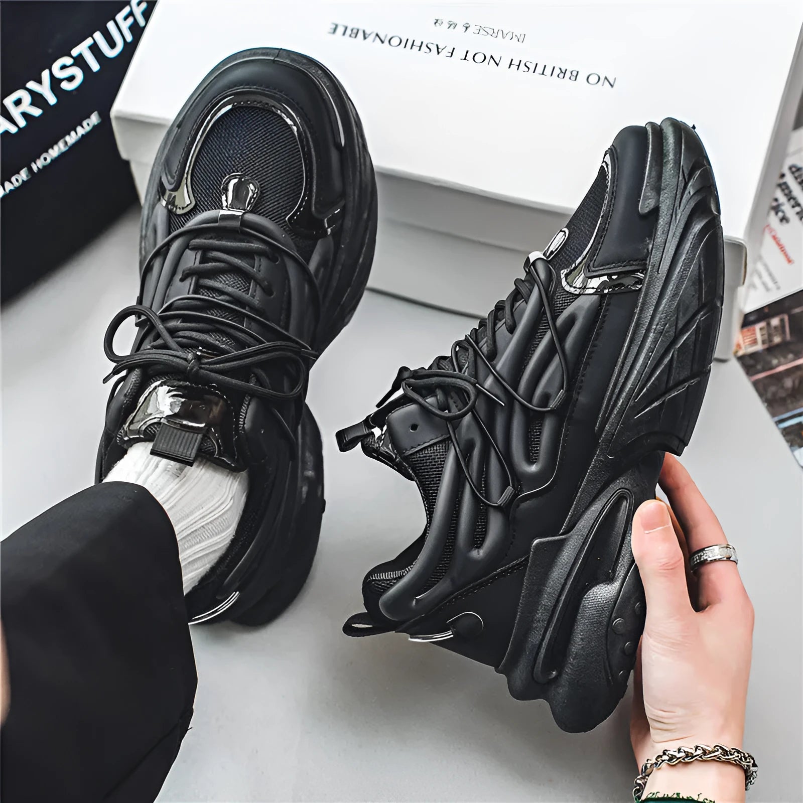 Men's breathable mesh surface sneaker with PU leather trim, low top platform, round toe, lace-up, black colour