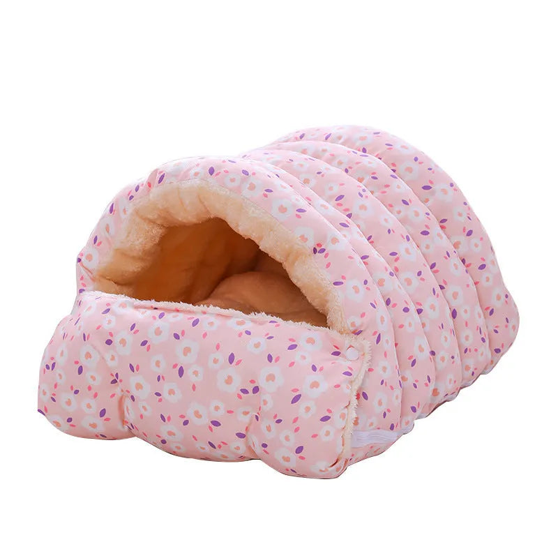 Winter warm closed cat nest in pink floral pattern with removable cover, suitable for cats under 15kg, made of cloth