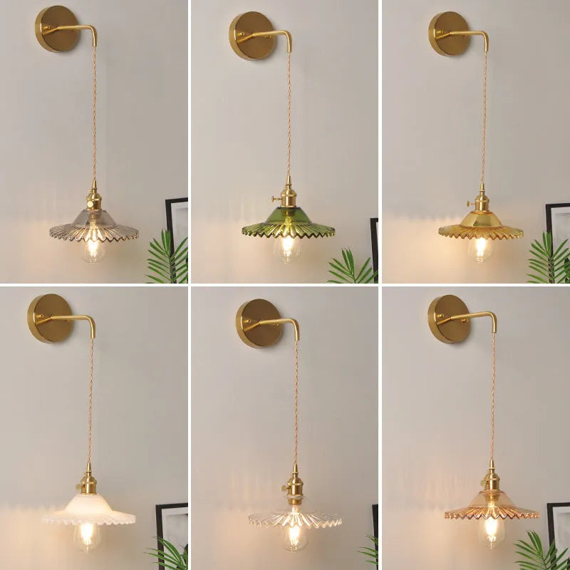 Retro brass lotus wall lamp with copper body and glass shade in choice of six colours