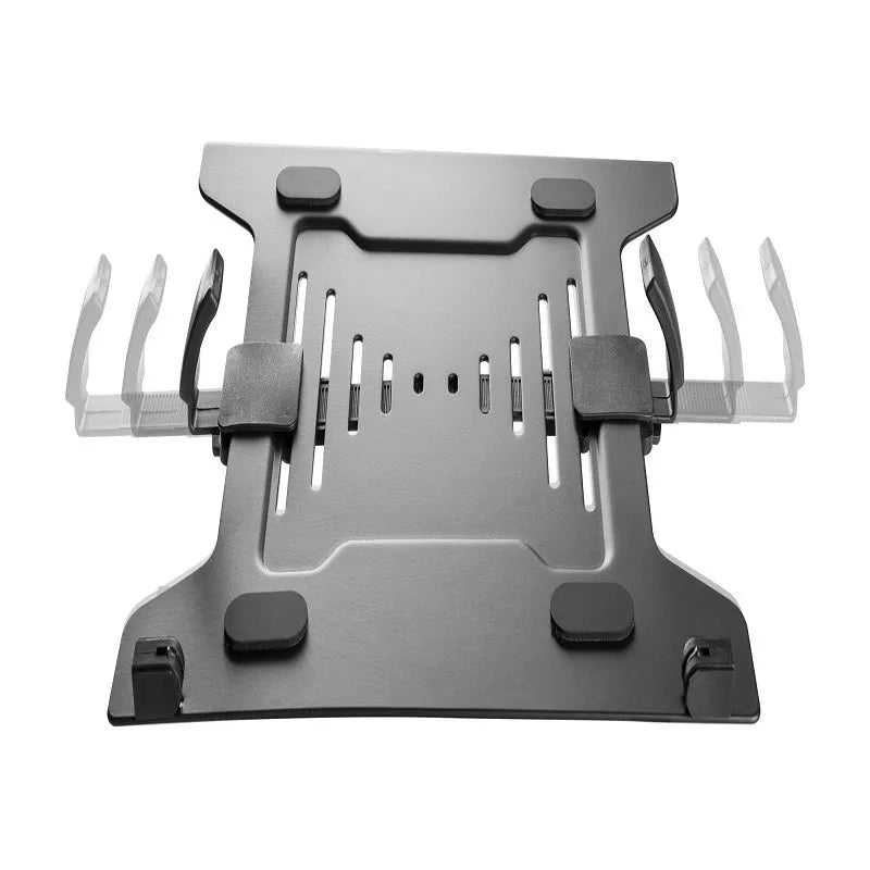 Notebook stand tray with open base for heat dissipation, supports laptops up to 17.3 inches, in a black plastic and metal finish