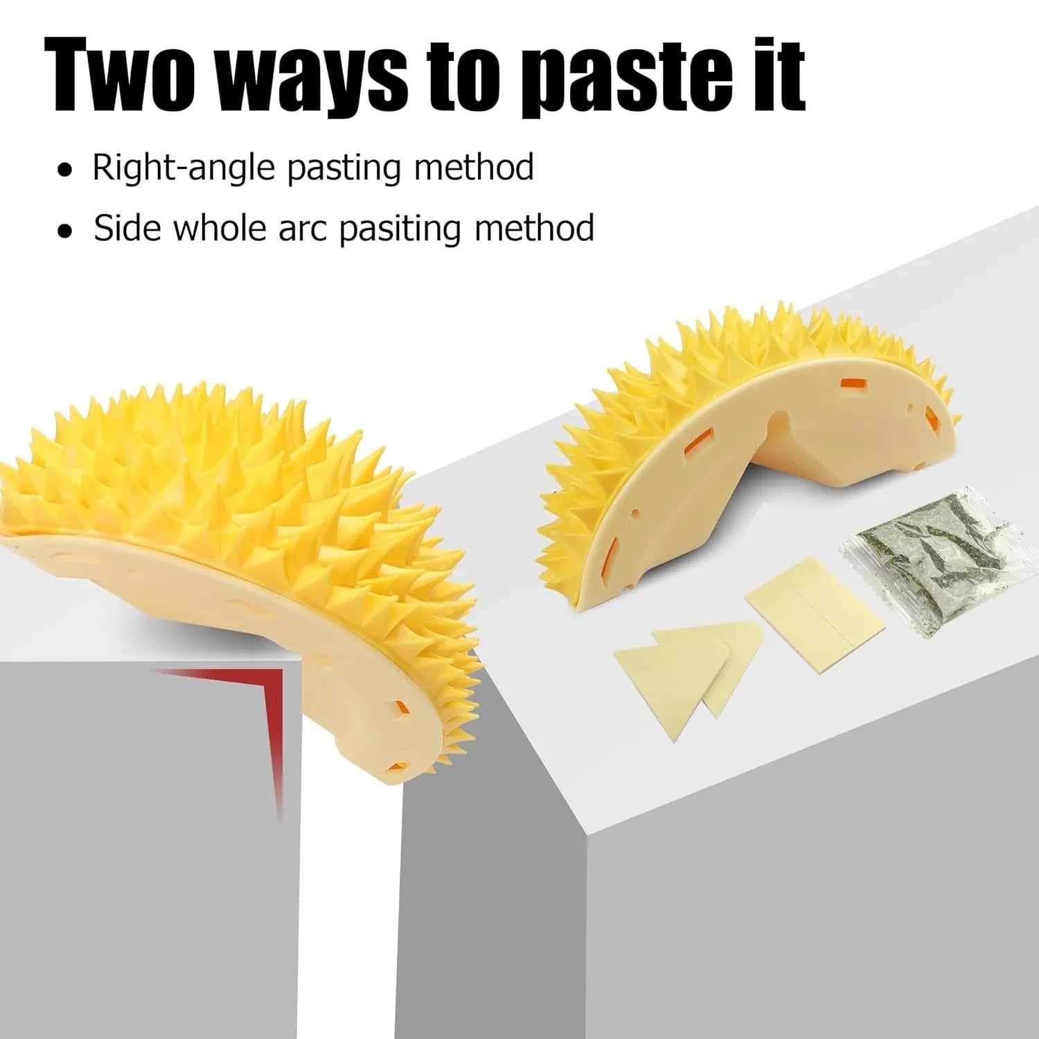 Yellow durian-shaped cat corner scratcher with cat face pattern and adhesive backing.