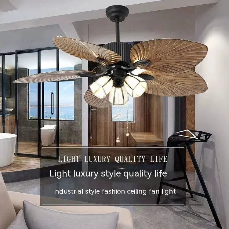 52-inch retro ceiling fan light with wooden blades and five copper lampshades