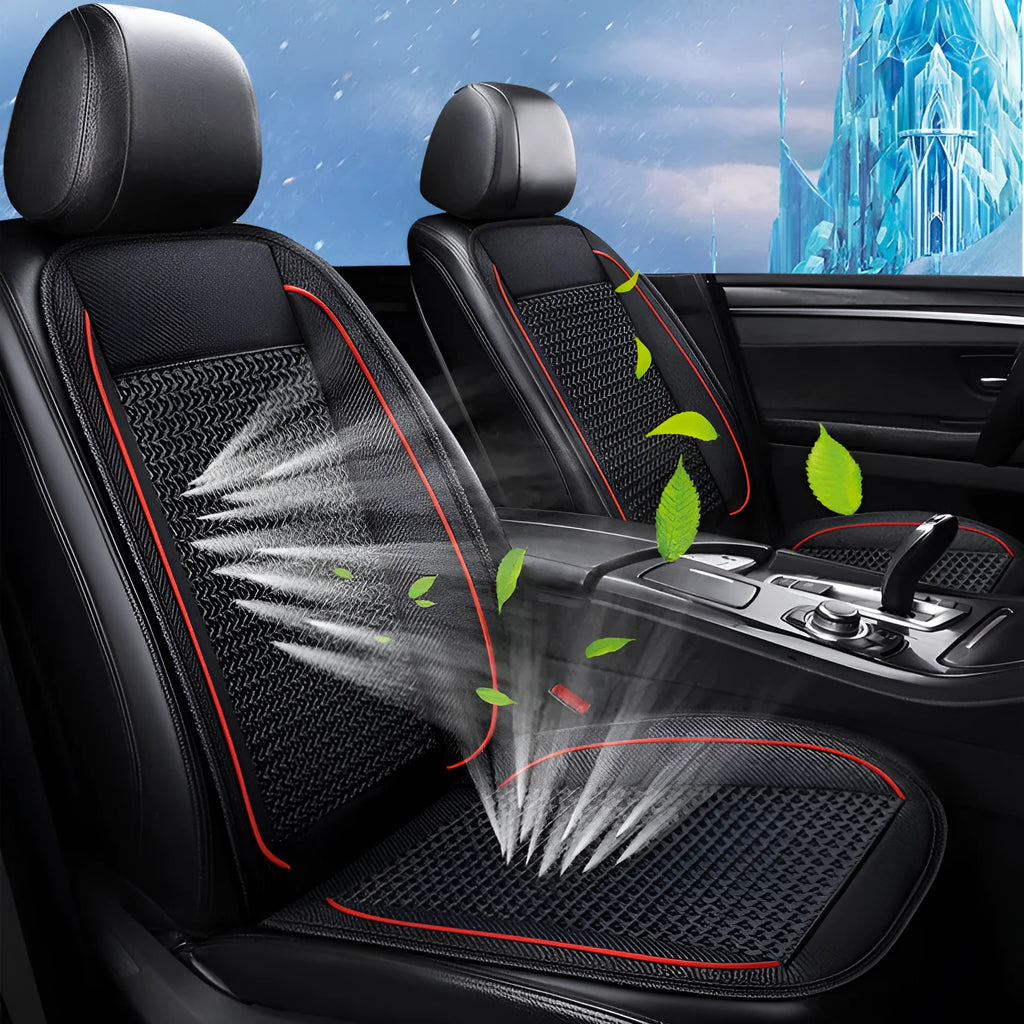 Square black car ventilation seat cushion with massage function showing 60cm dimensions
