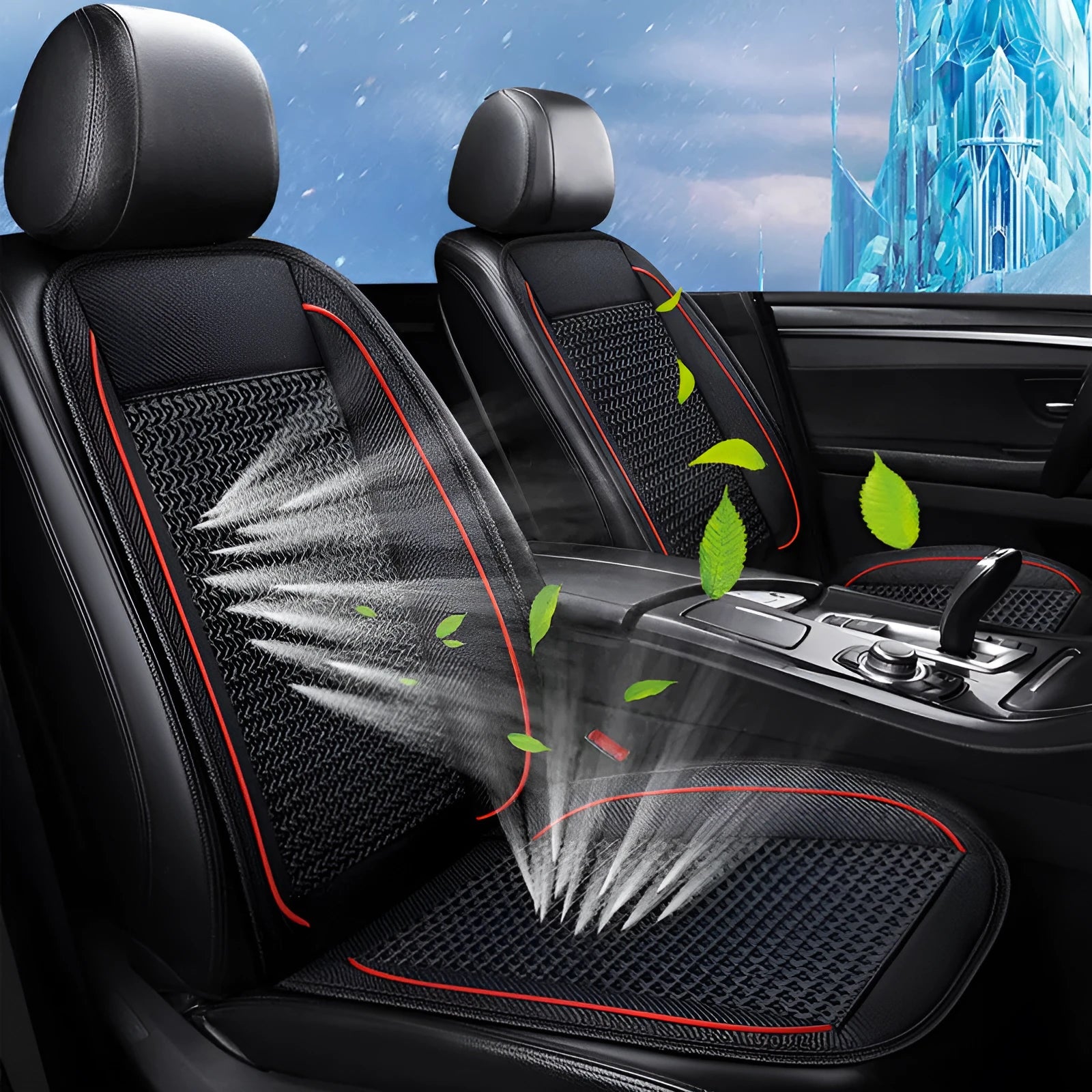 Square black car ventilation seat cushion with massage function showing 60cm dimensions
