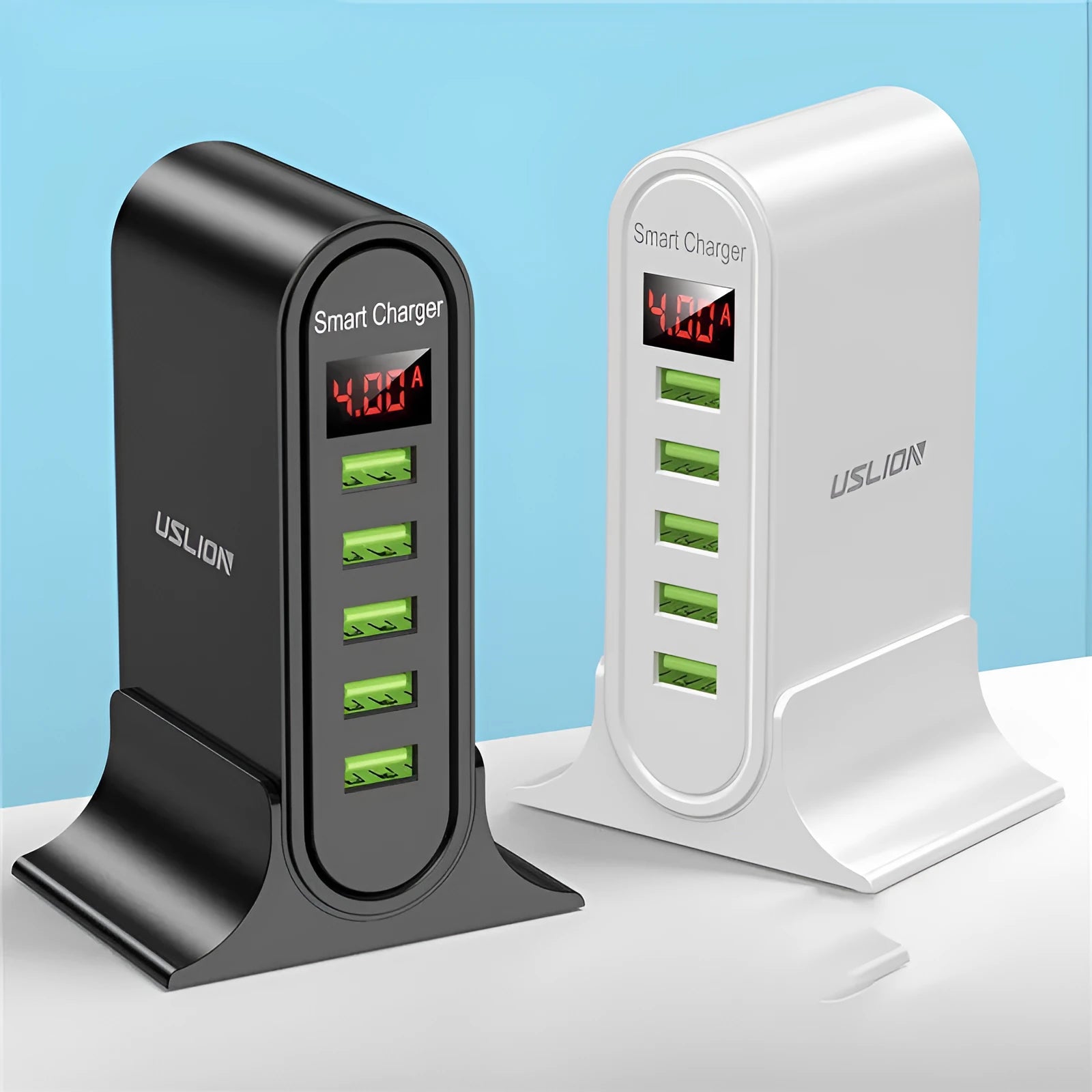 Smart LED digital display USB wall charger in black or white with selectable EU, UK, or US plug
