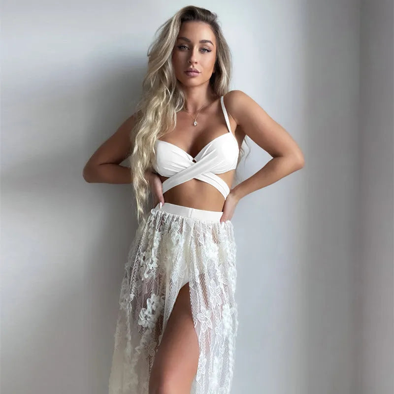 Three-piece backless push-up bikini set in solid colour with matching skirt on mannequin