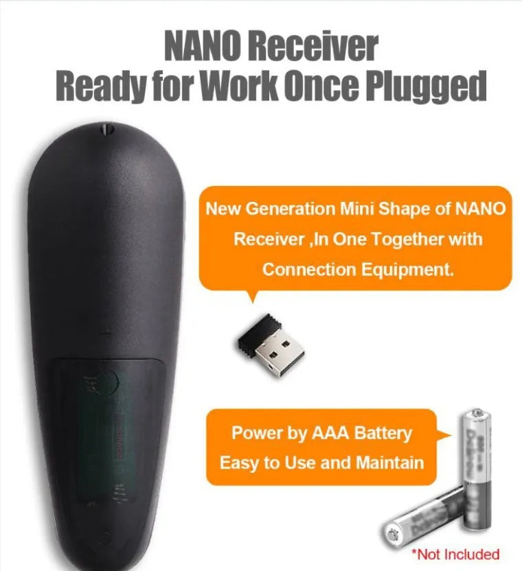 G30 wireless air mouse keyboard remote control with nano receiver on desk