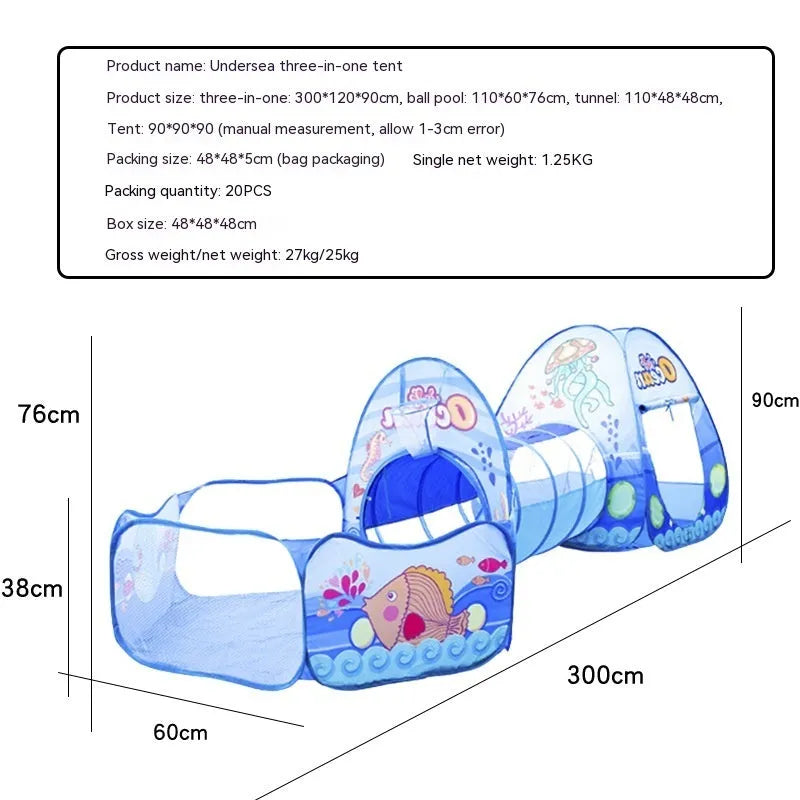 Underwater World three-in-one children's play tent set with tunnel and ball pit in cartoon marine theme.