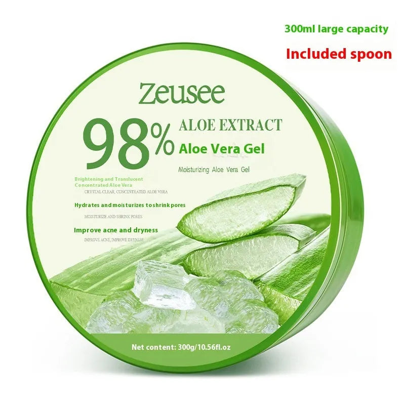 98% aloe vera gel 300g with spoon in white plastic container for acne control and skincare
