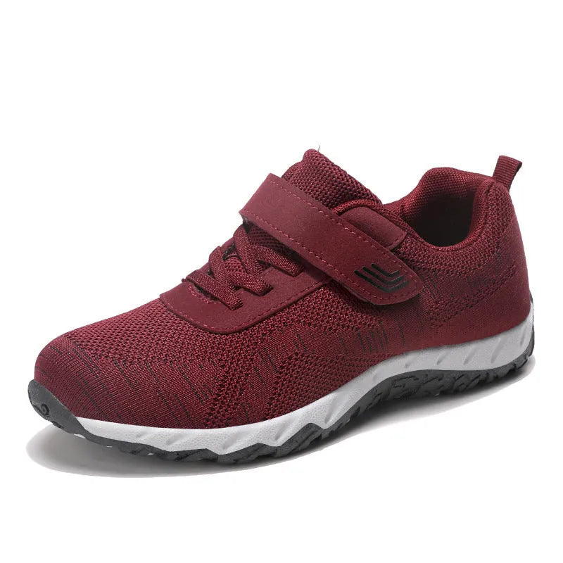 Women's grey purple wedge shoes with mesh upper and velcro closure, showing round toe and soft composite sole.