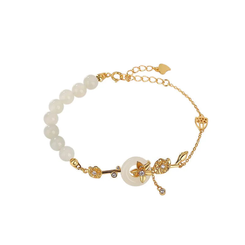 Hetian jade peace buckle bracelet in gold-plated 925 silver with lotus pattern for women